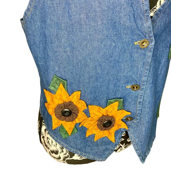 Vintage 90s Jean Vest with Sunflower Detailing - Picture 2 of 5